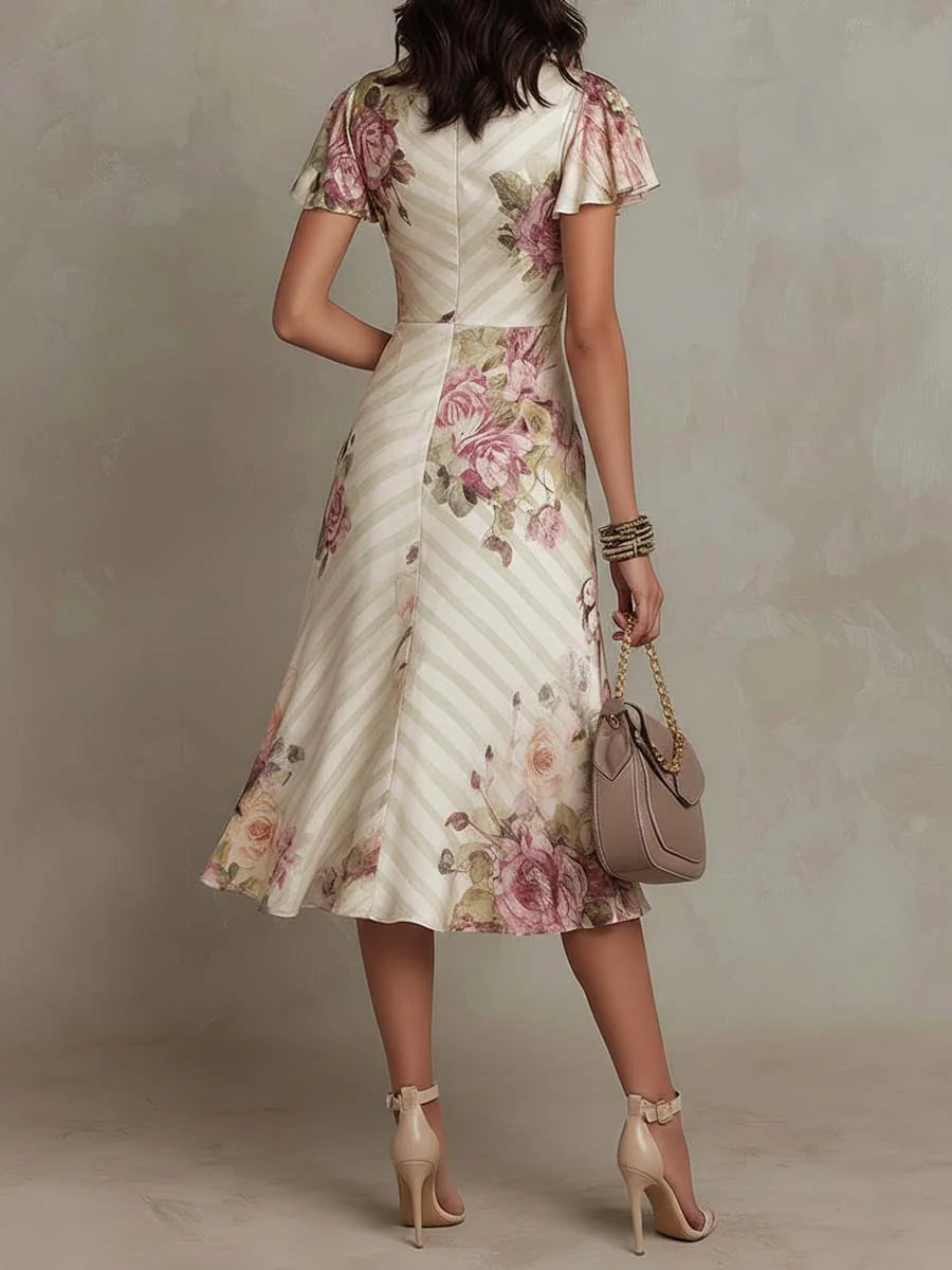 Alba Damen Retro Satin Midi Kleid mit Blumenmuster