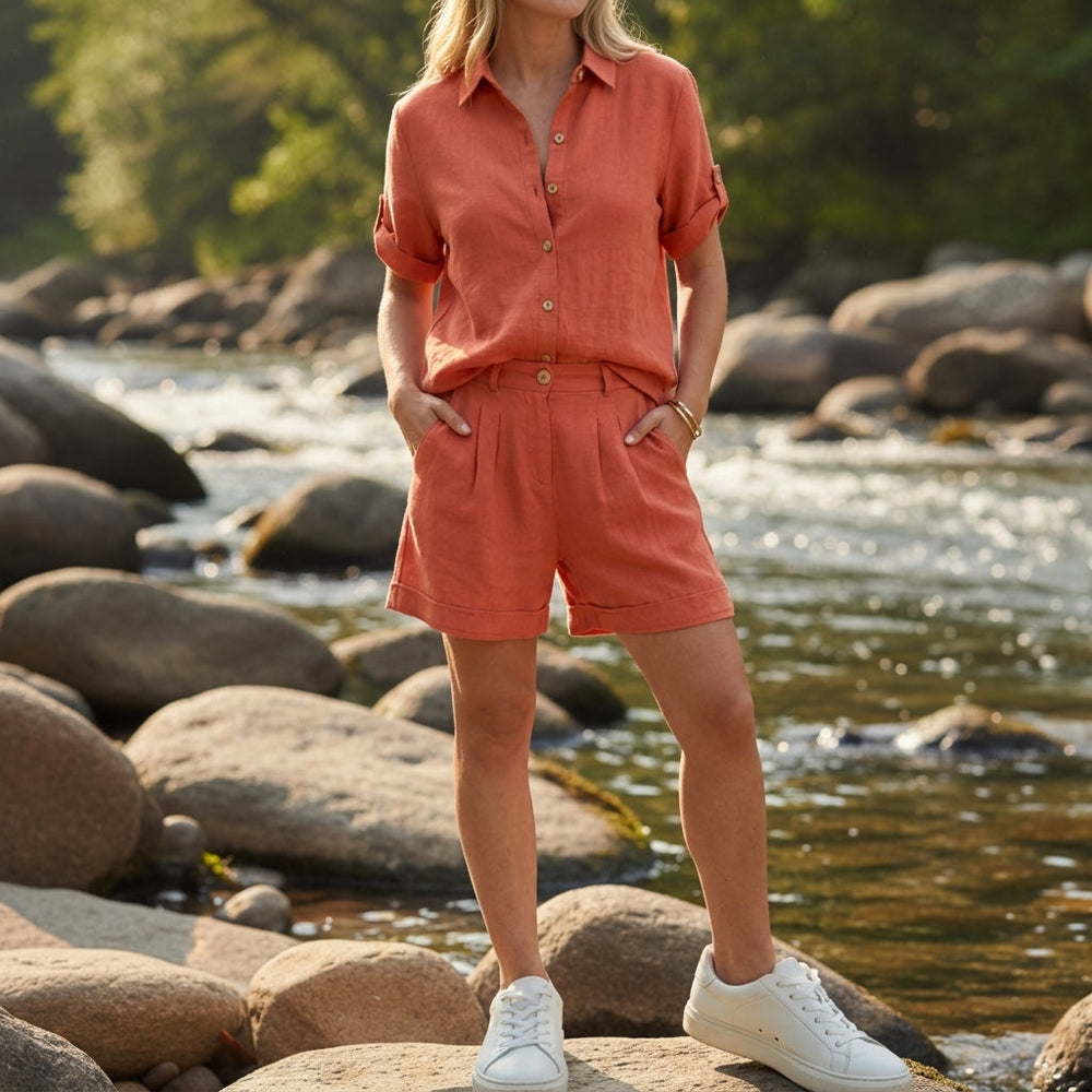 Amelia Damen Leinen Zweiteiler mit Hemd und Shorts