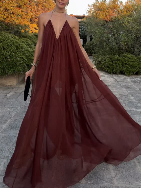 Elegantes Chiffon Maxikleid mit V Ausschnitt fließender Schnitt
