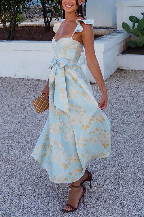 Partykleid mit Rüschenschultern Schleifenbund und Schlitz