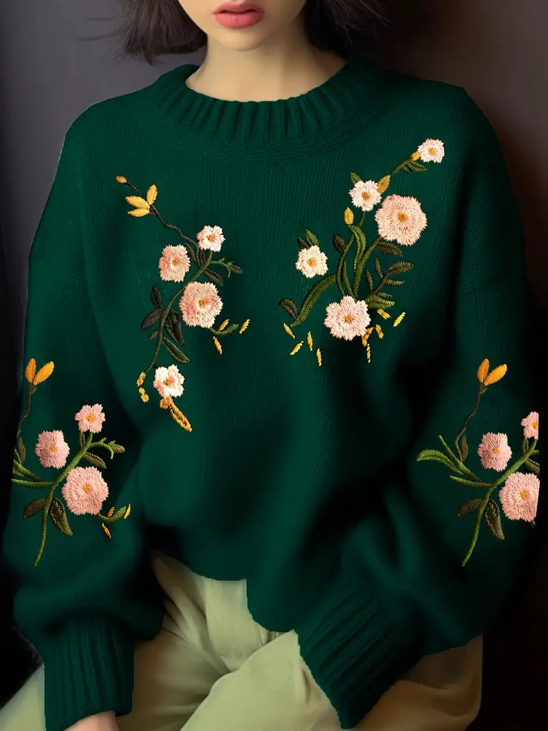 Greni | Gemütlicher Crew-Pullover mit Blumenstickerei und Strickmuster