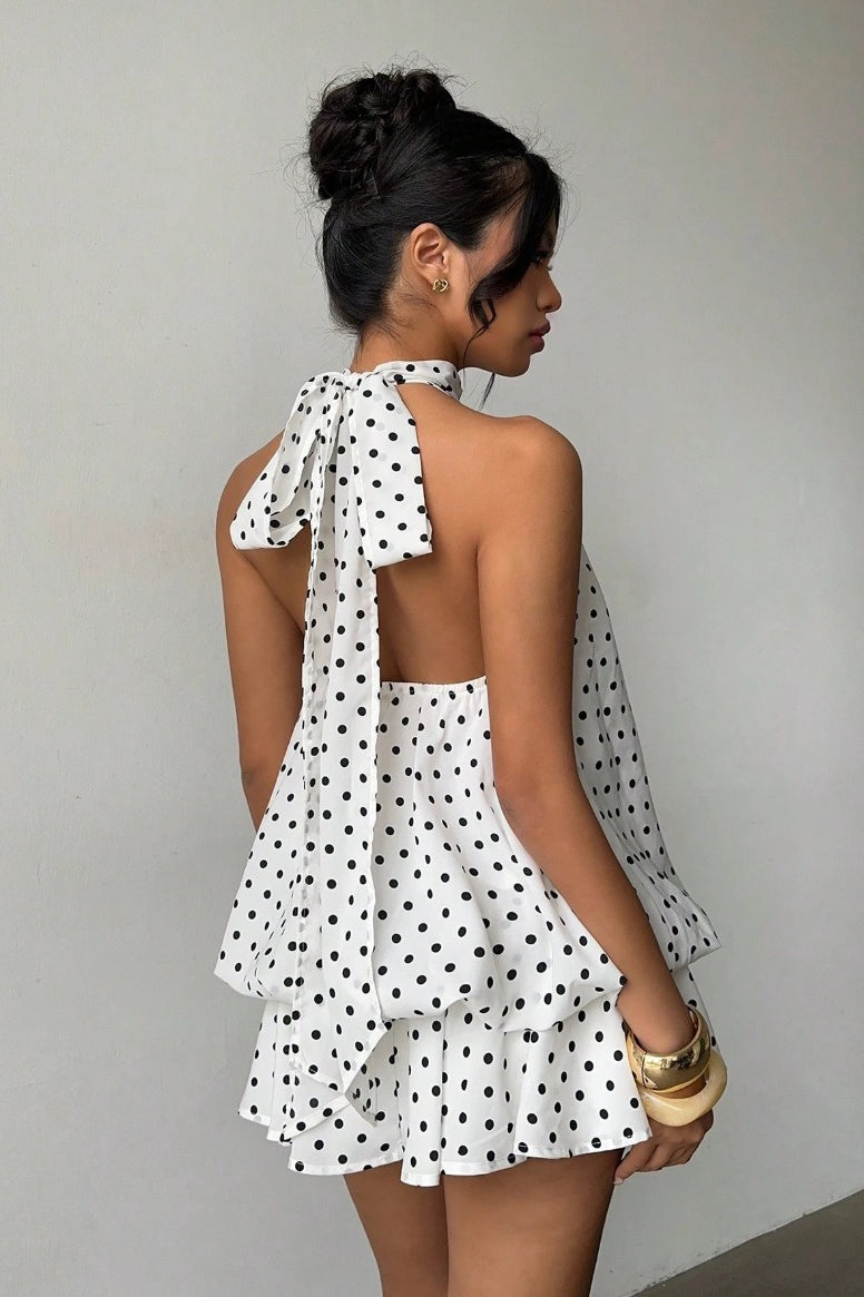 Polka Dot Halfter Minikleid mit rückenfreier Schnürung