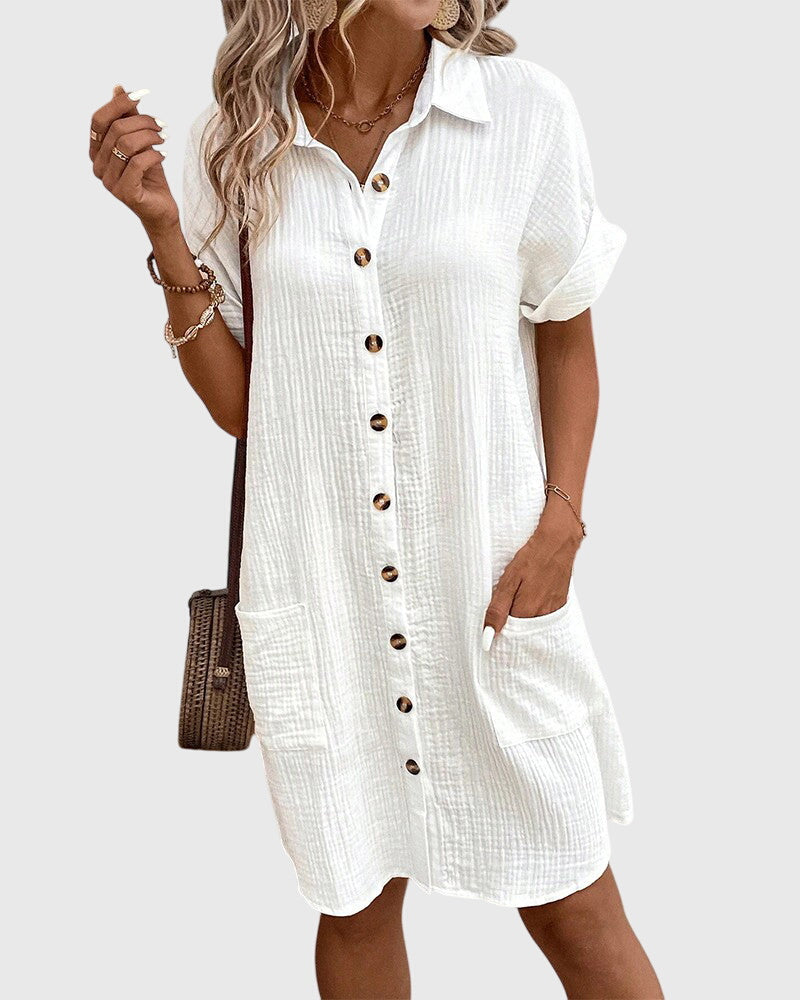 Locker geschnittenes Sommerkleid mit Knopfleiste – Midikleid Kurzarm Polokleid