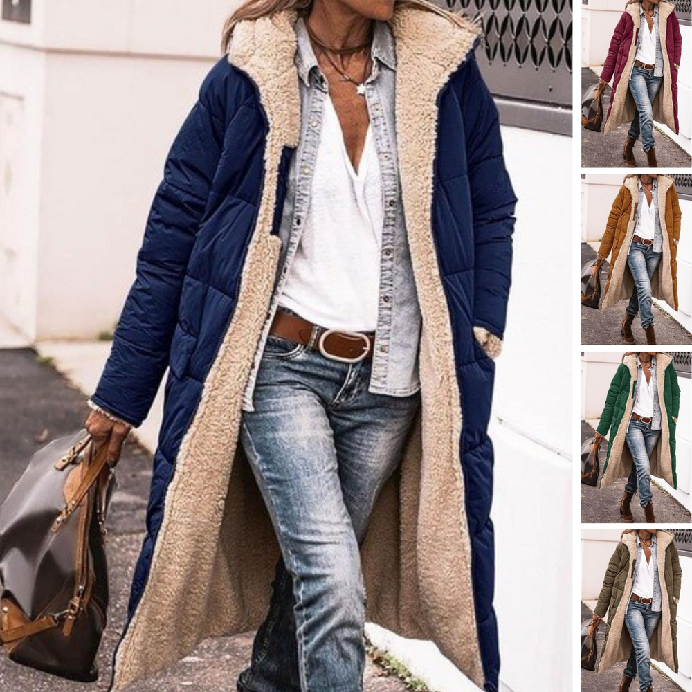 Bei | Wendemantel aus Sherpa-Fleece – langer Puffermantel mit Kapuze