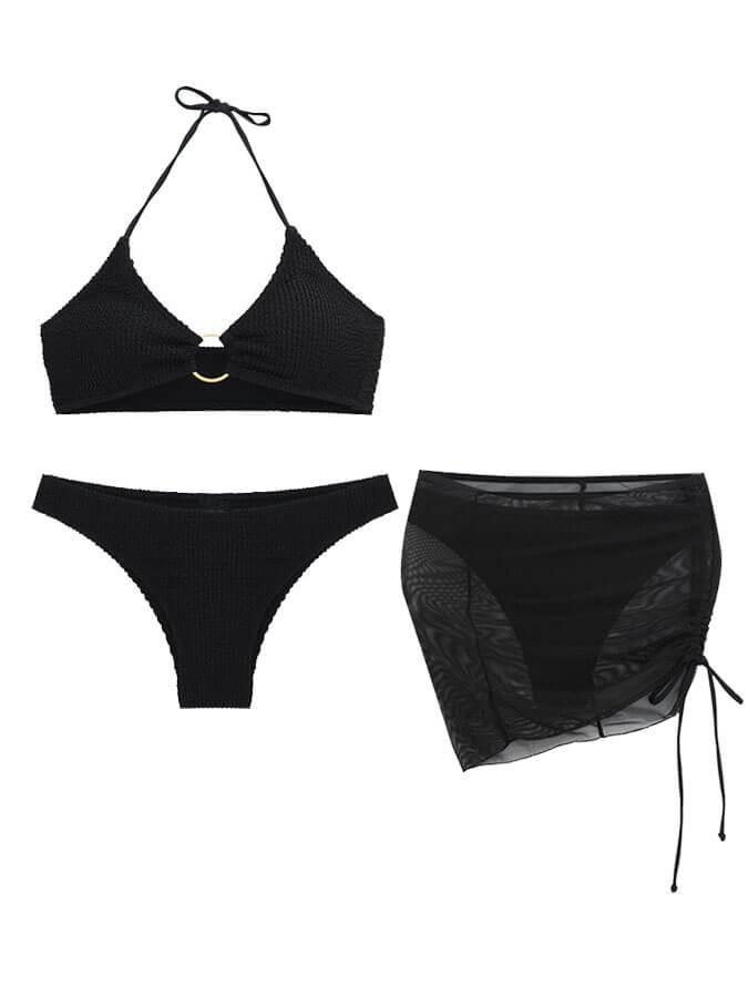Unifarbenes dreiteiliges Halfterneck Bikini Set