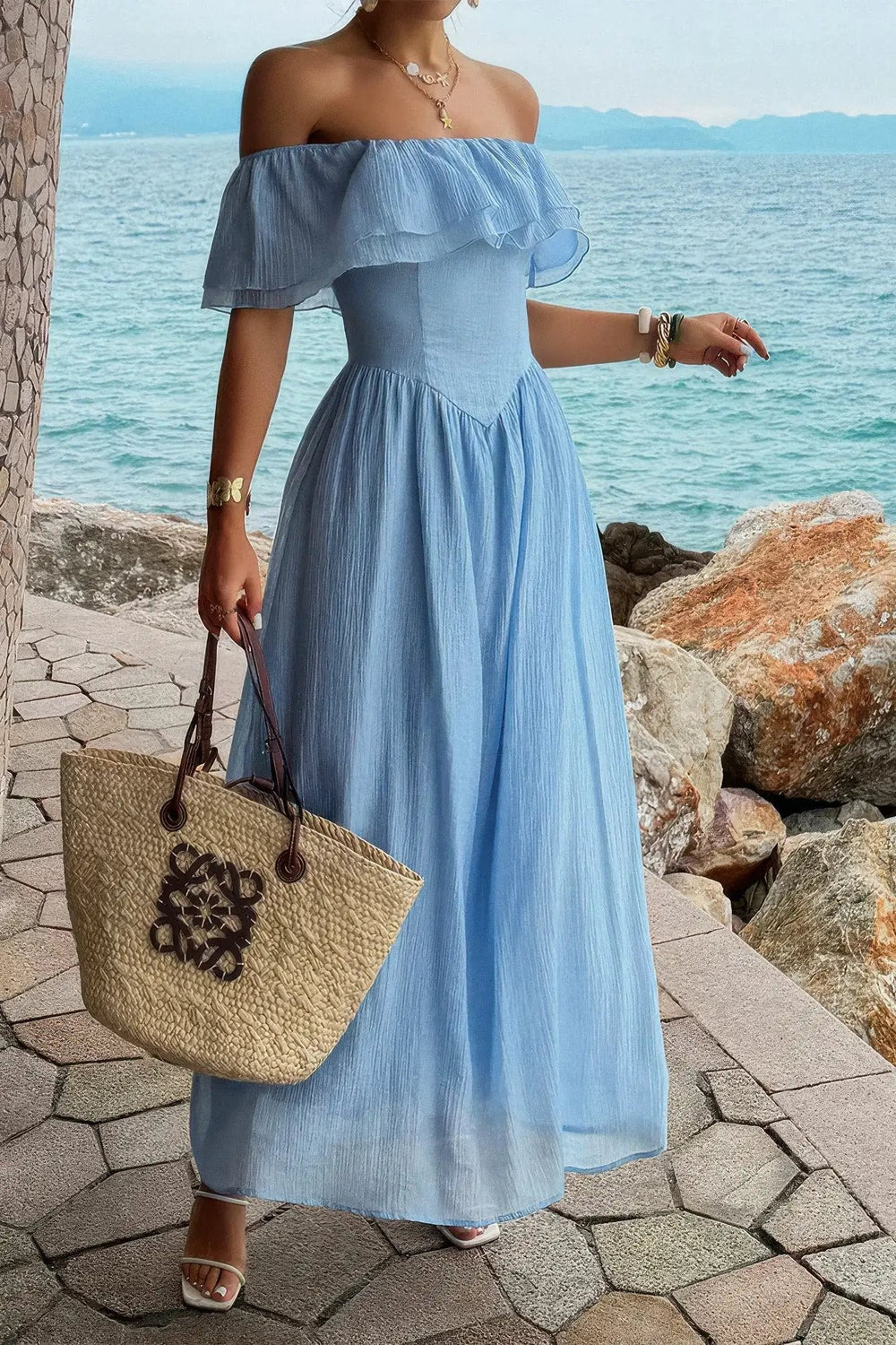 Damen Off Shoulder Corset langes Kleid mit Rüschen