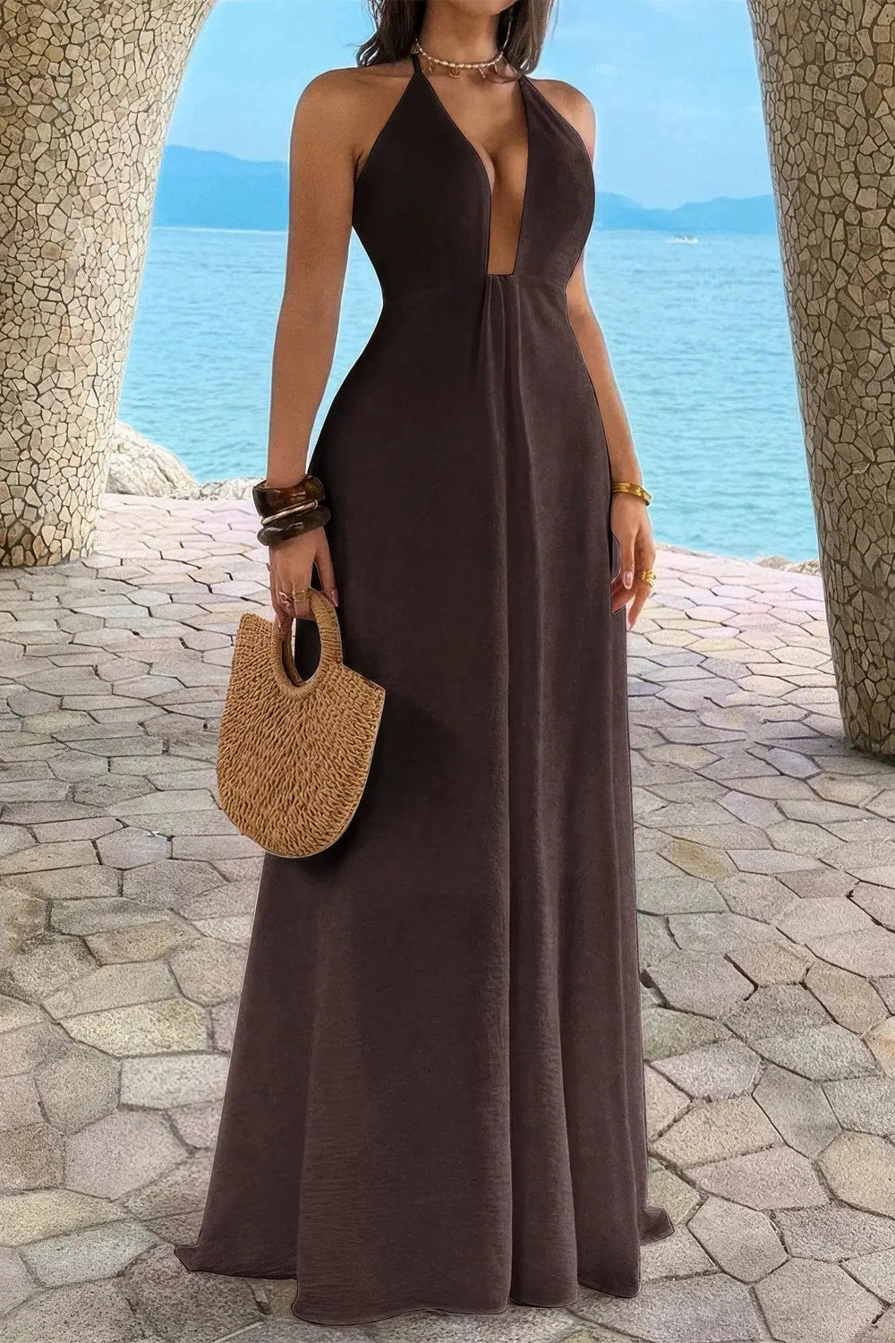 Damen Halter A Linie Maxikleid mit verstecktem Reißverschluss