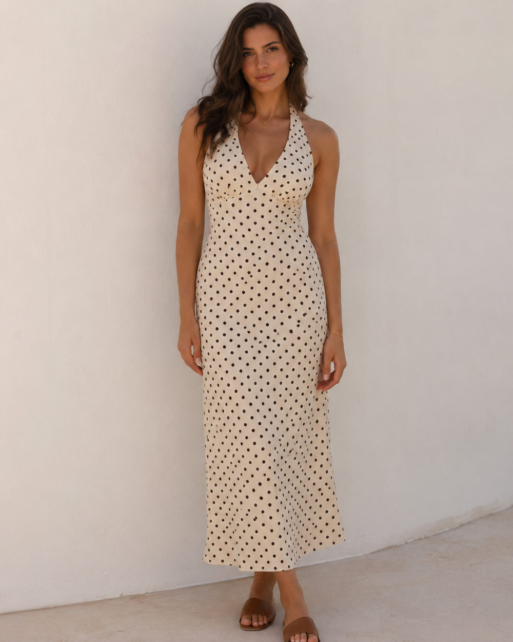 Damen Maxikleid mit Tupfen und Halterausschnitt