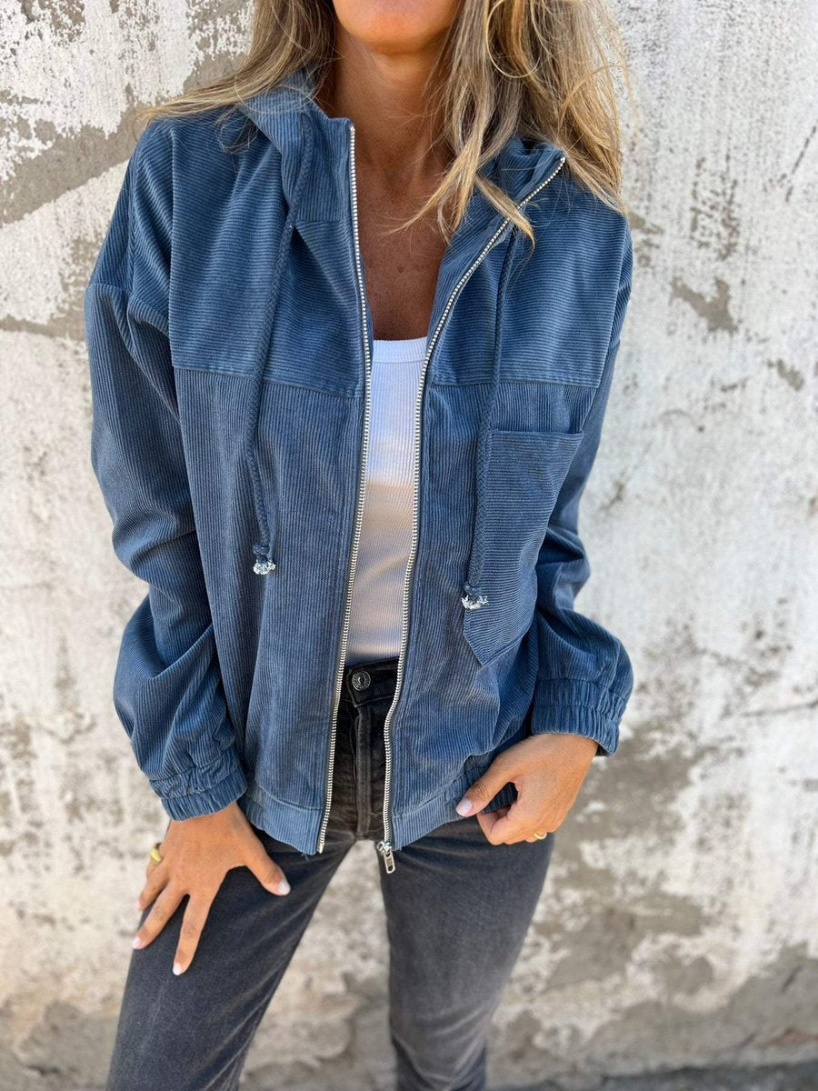 Johanna | Damen Cord Kapuzenjacke mit Reißverschluss Oversized Freizeitjacke