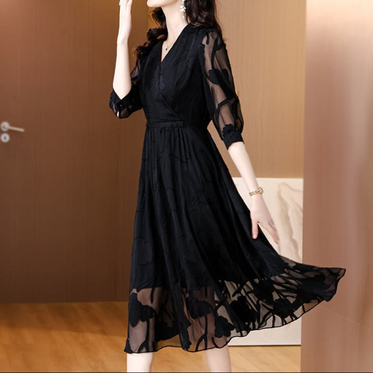 Damen Midikleid aus geblümtem Chiffon mit transparenten Ärmeln - Annelise