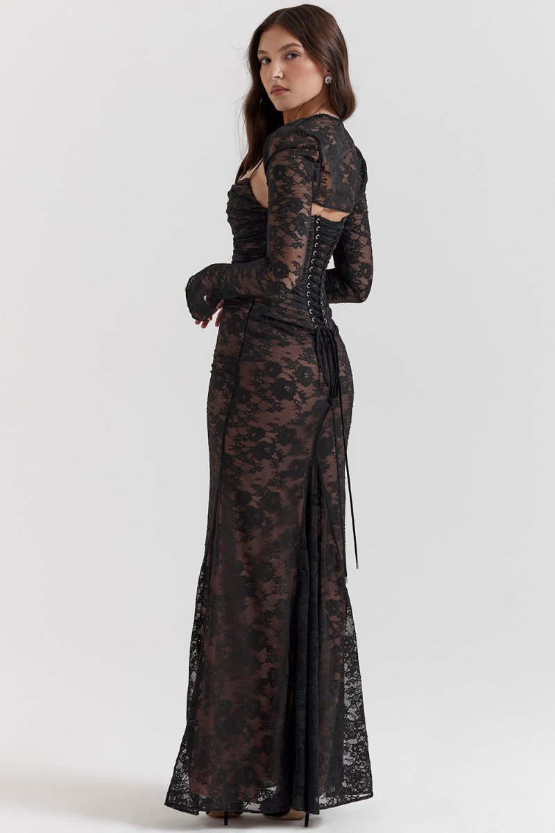 Thalassa schulterfreies Maxikleid aus floraler Spitze