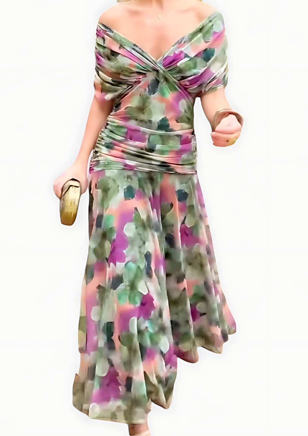 Aure Maxikleid mit Fantasie-Blumenmuster und V-Ausschnitt | Grüne Blumen