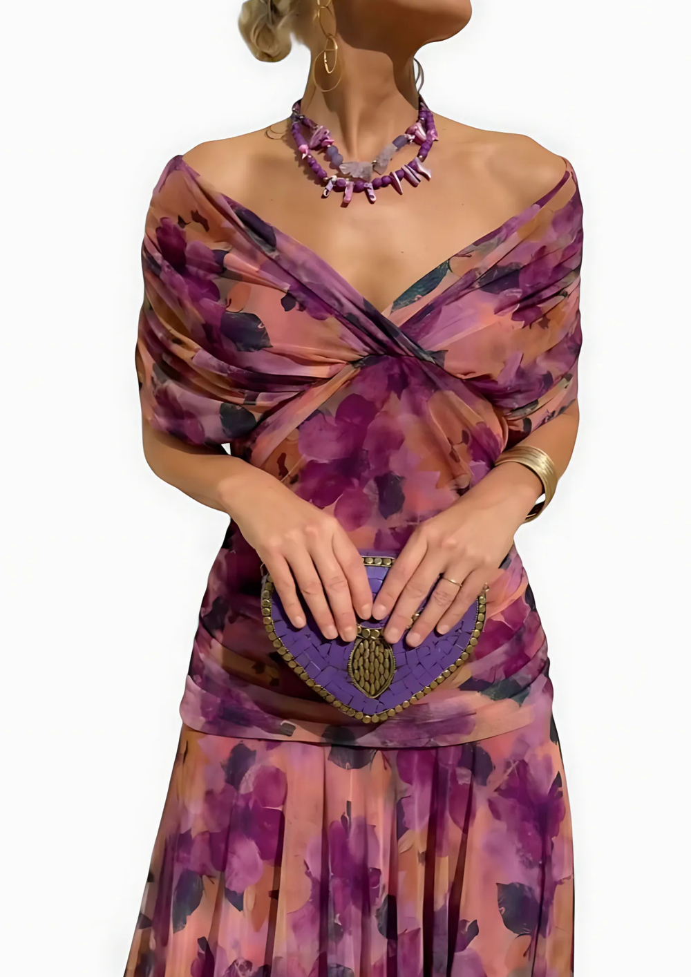 Aure Maxikleid mit Fantasie-Blumenmuster und V-Ausschnitt | Rosa Blumen