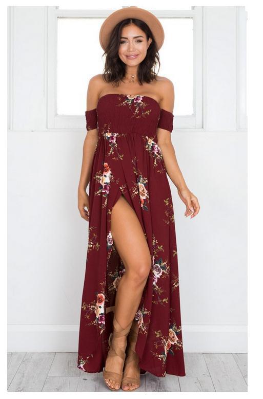 Damen Maxikleid mit schulterfreiem Design und floralen Mustern Drune