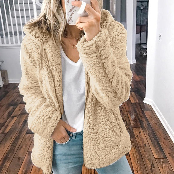 Damen nan kuschelige Teddy-Fleece Übergangsjacke mit Kapuze und Reißverschluss Drune