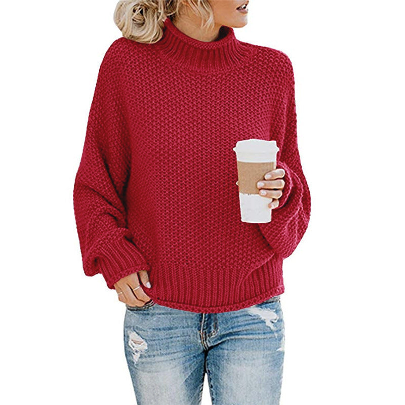Damen nan Oversize Strickpullover mit Rollkragen, grobem Strukturstrick und Ballonärmeln Drune