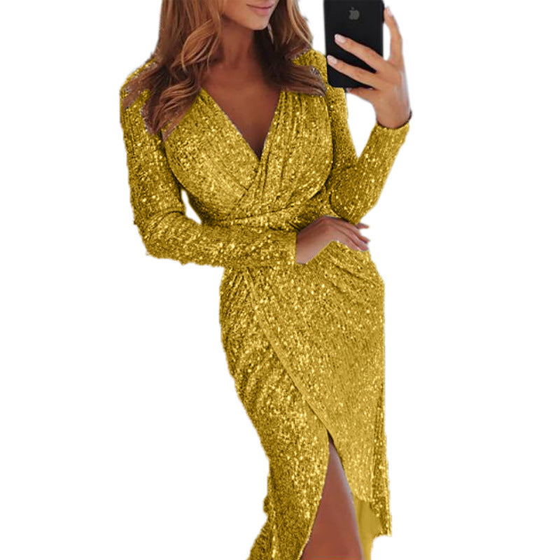 Damen nan glitzerndes Wickel-Midikleid mit V-Ausschnitt langen Ärmeln seitlichem Beinschlitz Drune