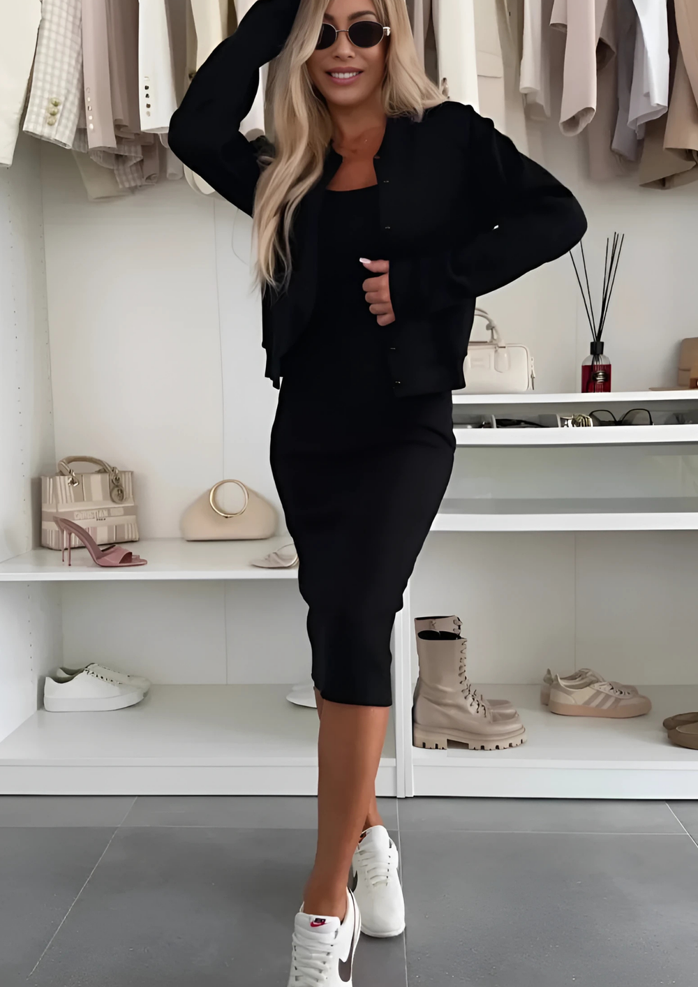 Miru Midi Kleid & Cardigan Set | Schwarz