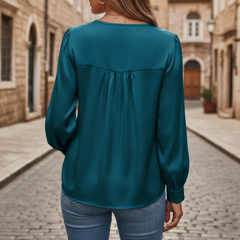 Damen Satinbluse mit V-Ausschnitt und Langarm