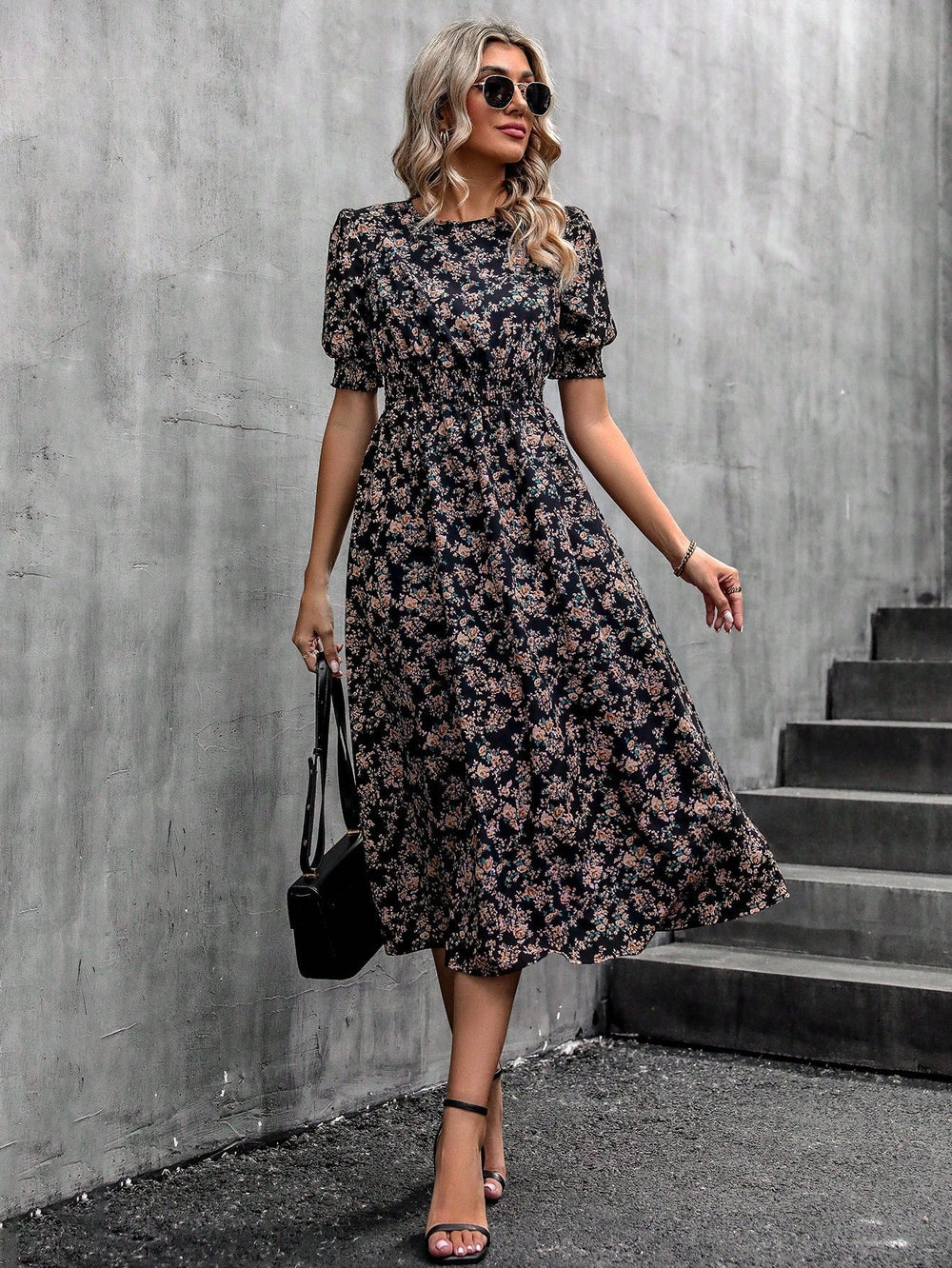 Blumendruck Puffärmel Raffung Taille A Linie Midikleid