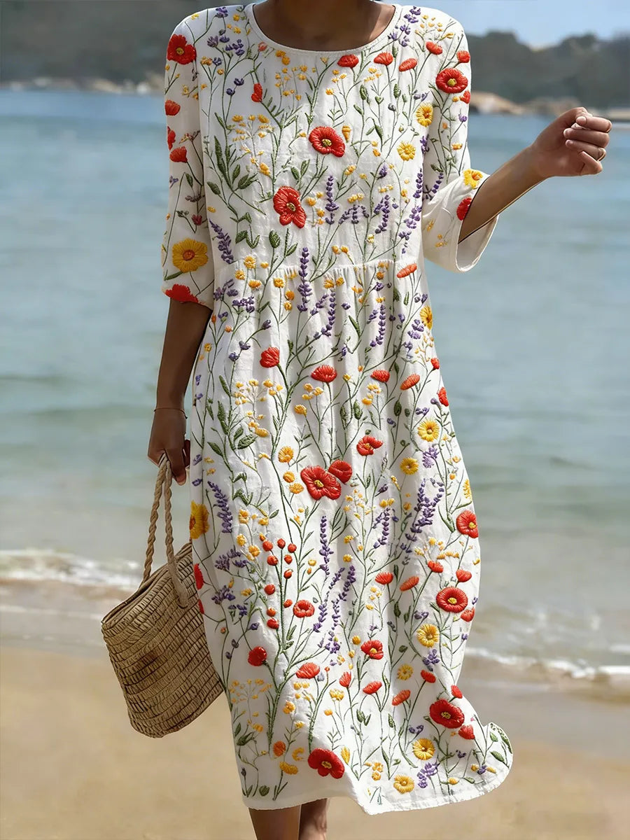 Christina | Blumenmuster Rundhals Maxi-Kleid