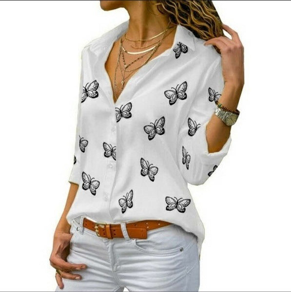 Damen nan lockere Longbluse mit Schmetterlingsprint und Hemdkragen Drune