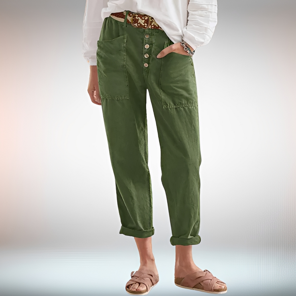 Rhonwen - Stilvolle, leger geschnittene Hose mit Knöpfen