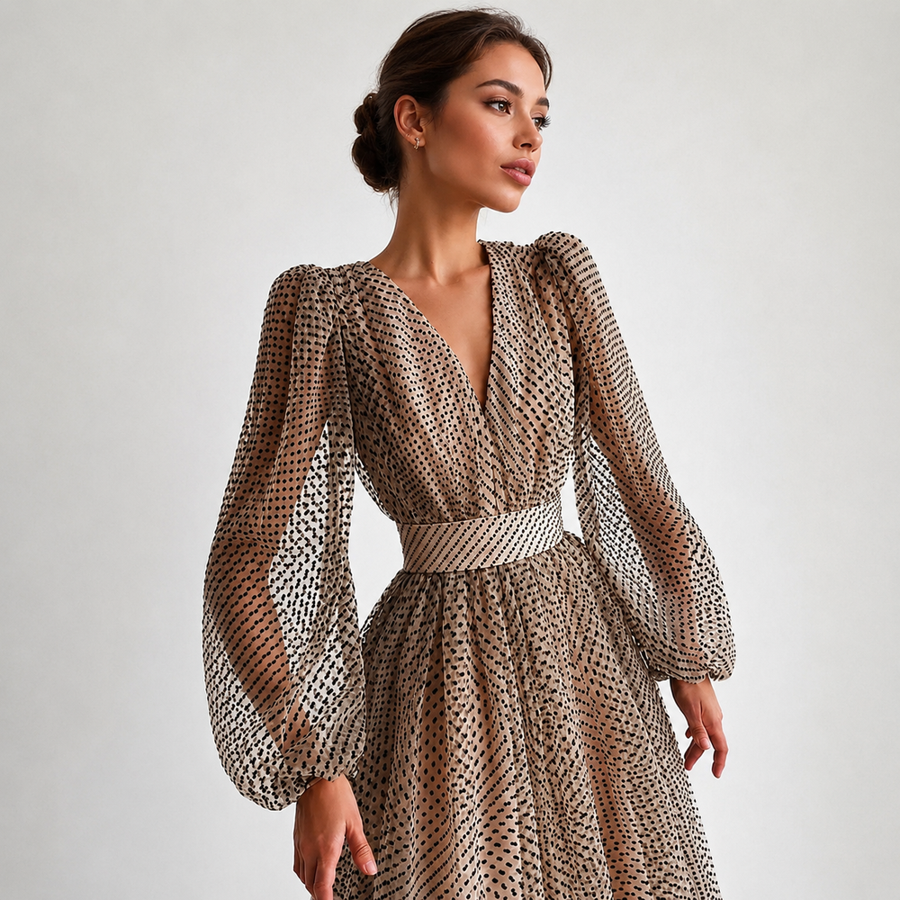 Emina - Stilvolles V-Ausschnitt Kleid mit langen Ärmeln