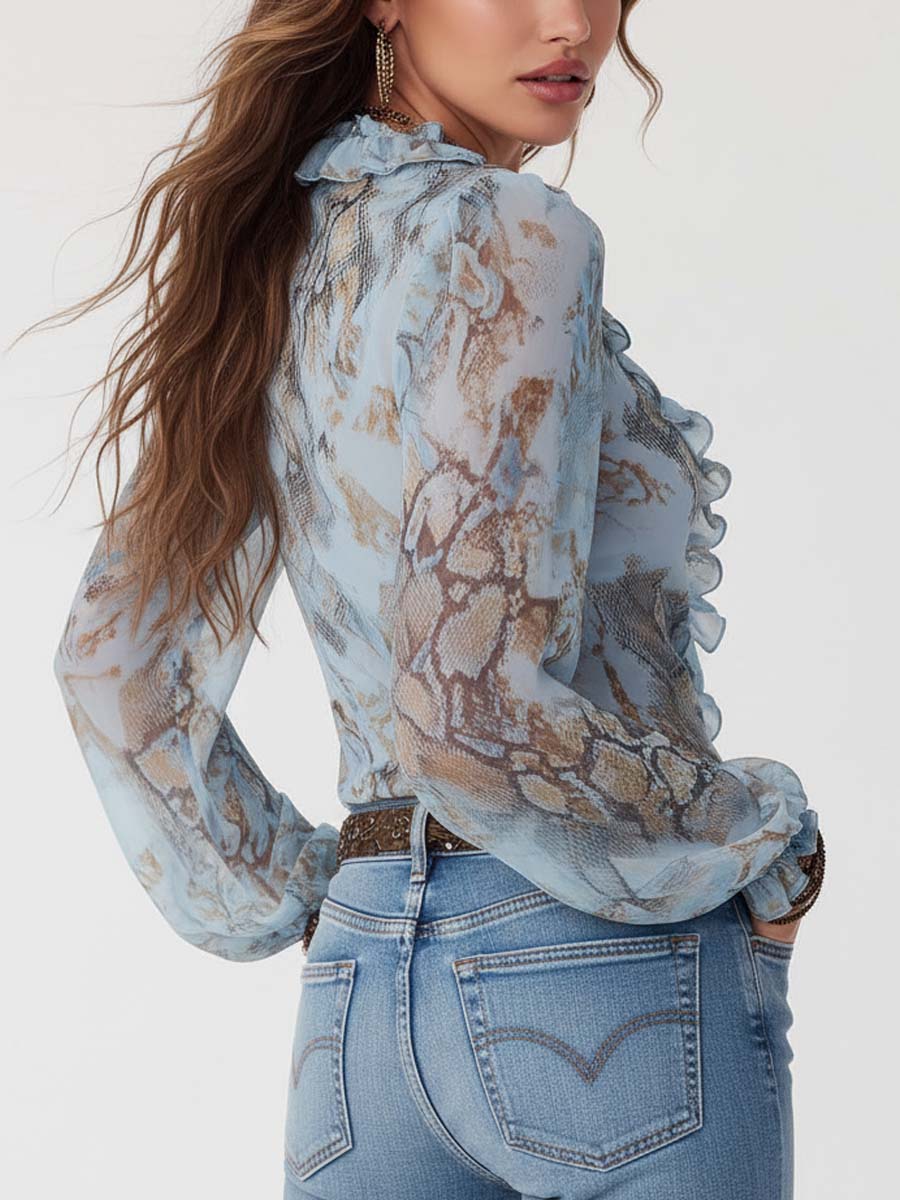 Damenbluse aus Chiffon mit Rüschen und Reißverschluss vorne