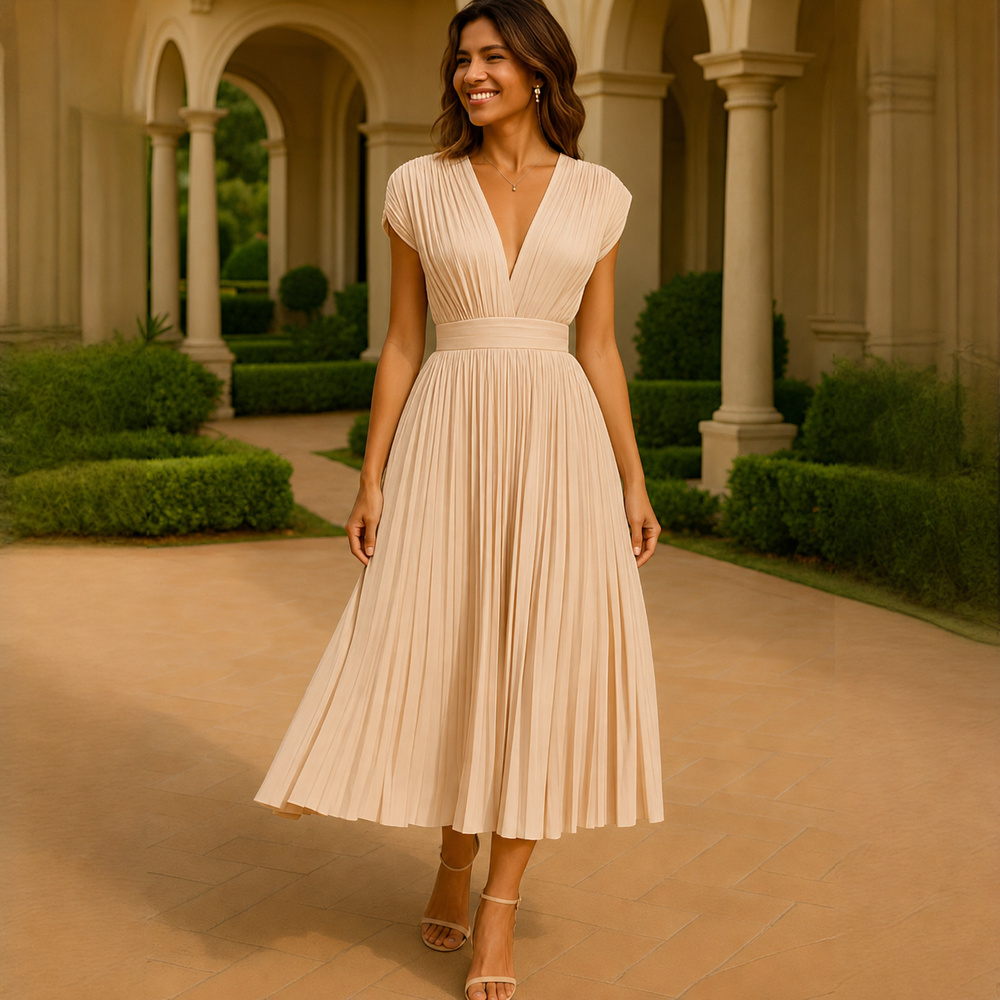 Elvira - Elegantes Midi-Kleid mit V-Ausschnitt und Falten