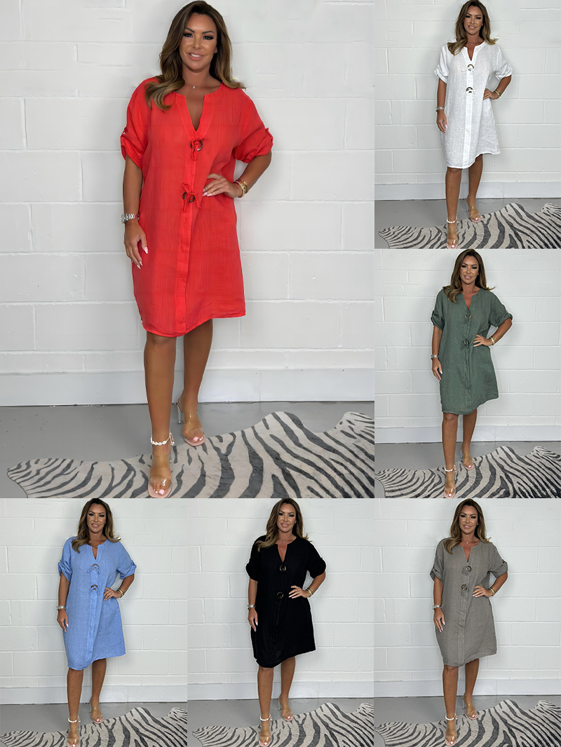 Noeilla - Lässiges Locker Sitzendes Baumwoll Kleid Mit Knöpfen
