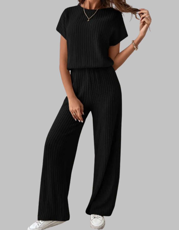Paula | Damen Rippstrick-Set Kurzarm Top Weite Hose Casual