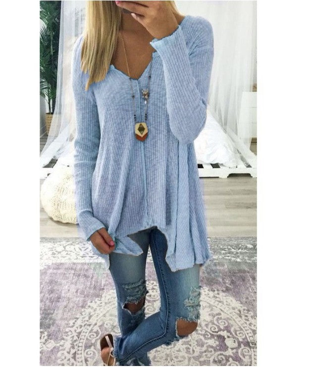 Damen nan lockerfallende Rippstrick Tunika mit V-Ausschnitt und asymmetrischem Saum Drune