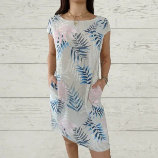 Damen Baumwolle Leinen Bedrucktes Sommerkleid mit Taschen