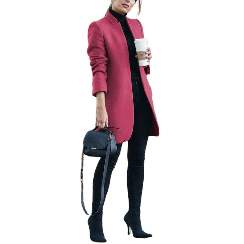 Damen nan eleganter knielanger Wollmix Mantel mit Stehkragen Drune