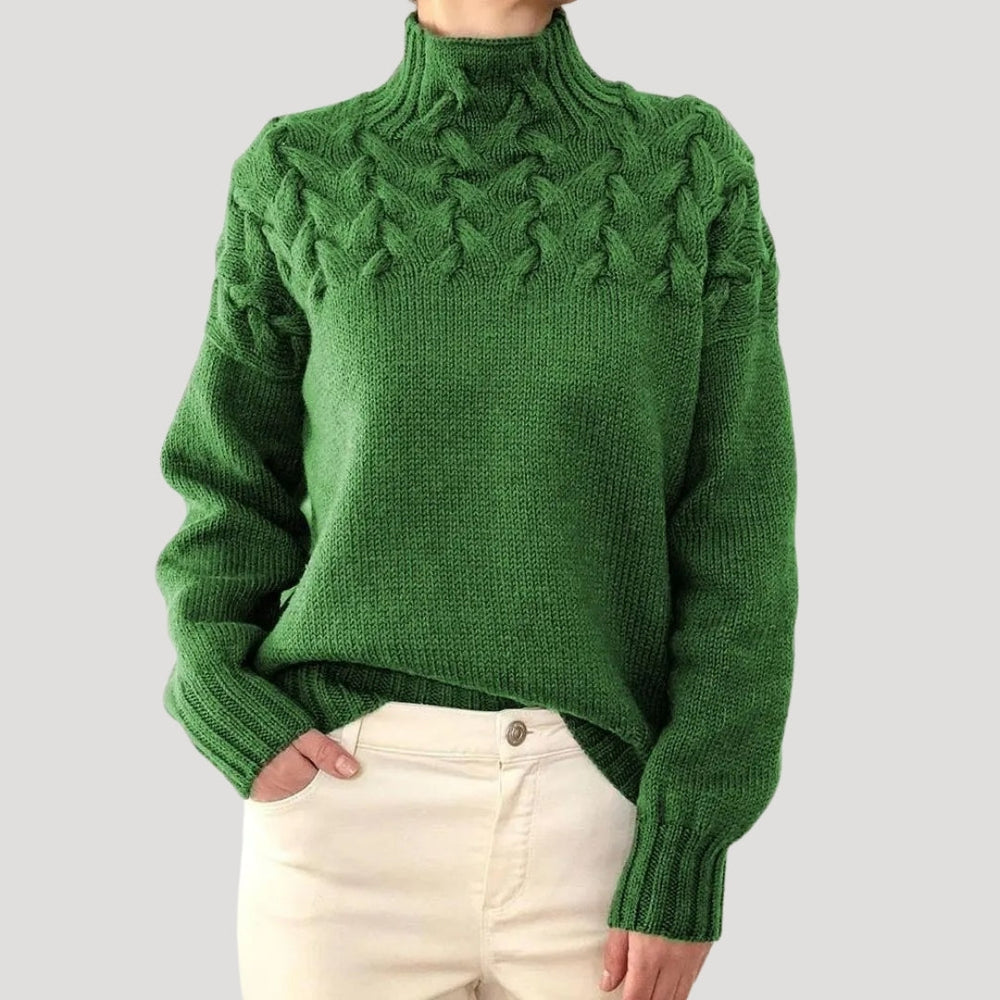 Nicole | Damen Frühlings Strickpullover mit Zopfmuster und hohem Kragen
