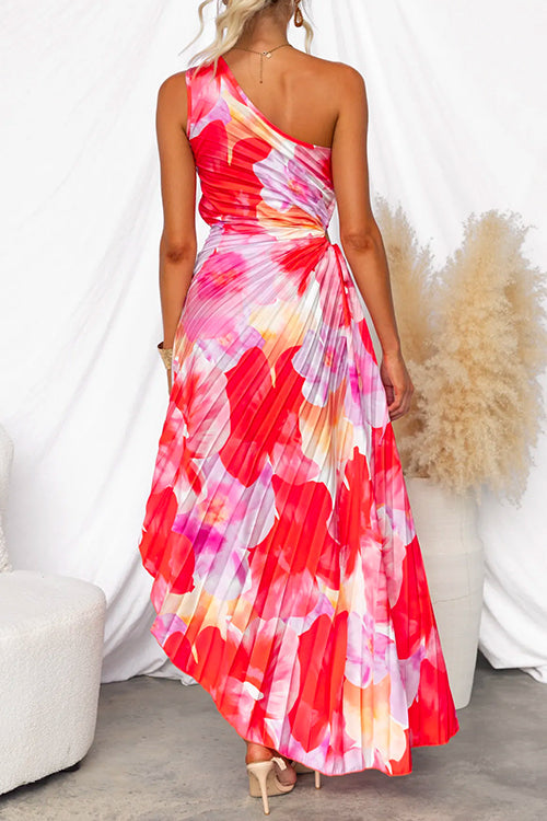 Damen One Shoulder Maxikleid mit Print asymmetrischem Schnitt und Falten