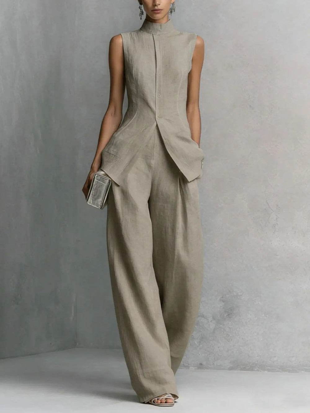 Charlotte | Damen Leinen Zweiteiler Set Stehkragen Top Weite Hose