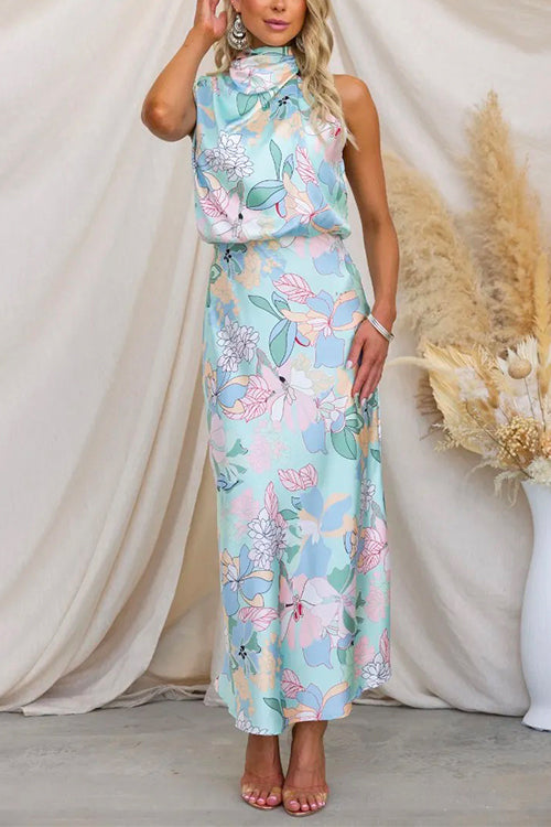 Satin Maxikleid mit Blumendruck Bindebund und tailliertem Schnitt