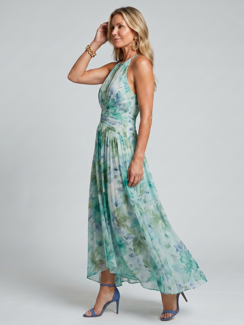 Portia | Plissiertes Halfter Kleid mit weichem Blumenmuster in Midi-Länge