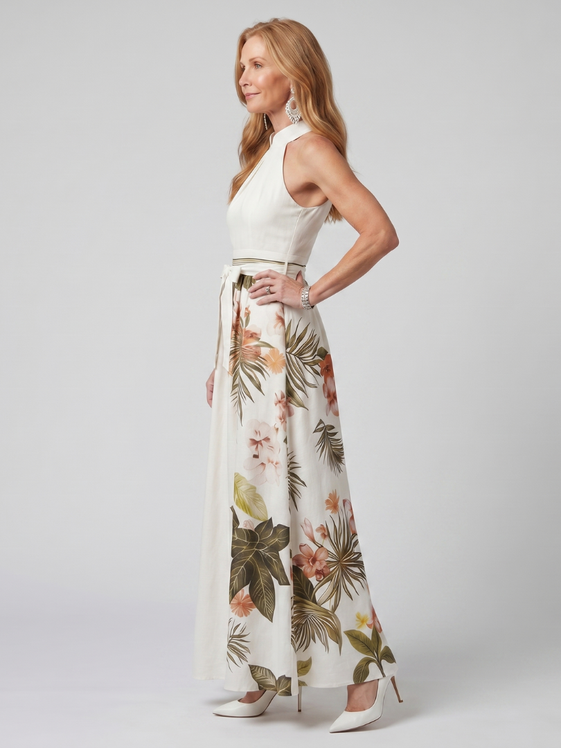 Wiese | Drapiertes Halter-Botanik-Paneel-Maxikleid