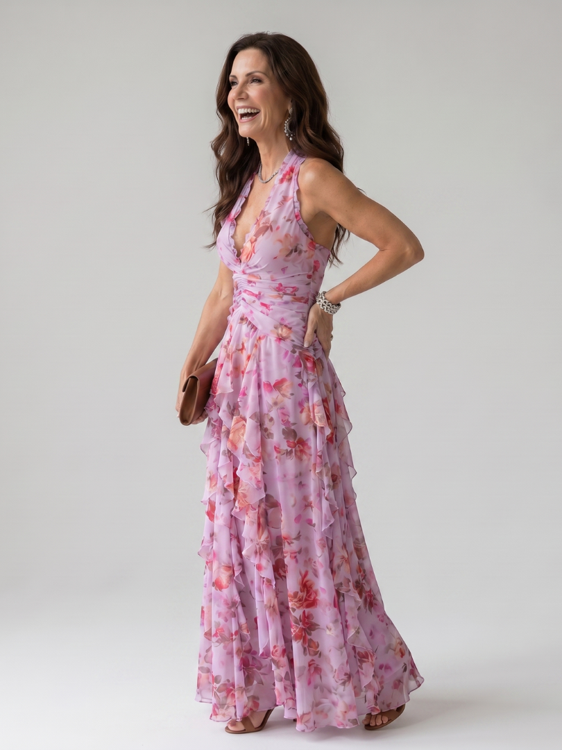 Nori | Halter Neck Rüschentop Floral Maxi Kleid