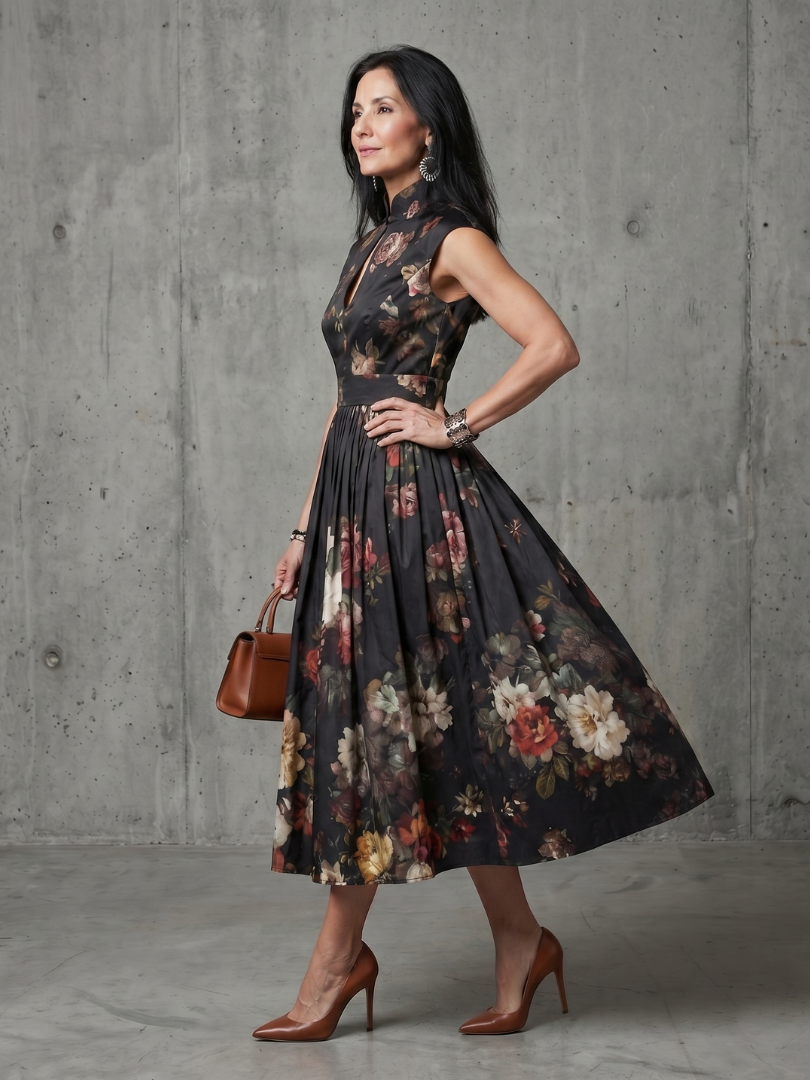 Greta | Hochgeschlossenes Schlüsselloch Blumen Falten Midi Kleid