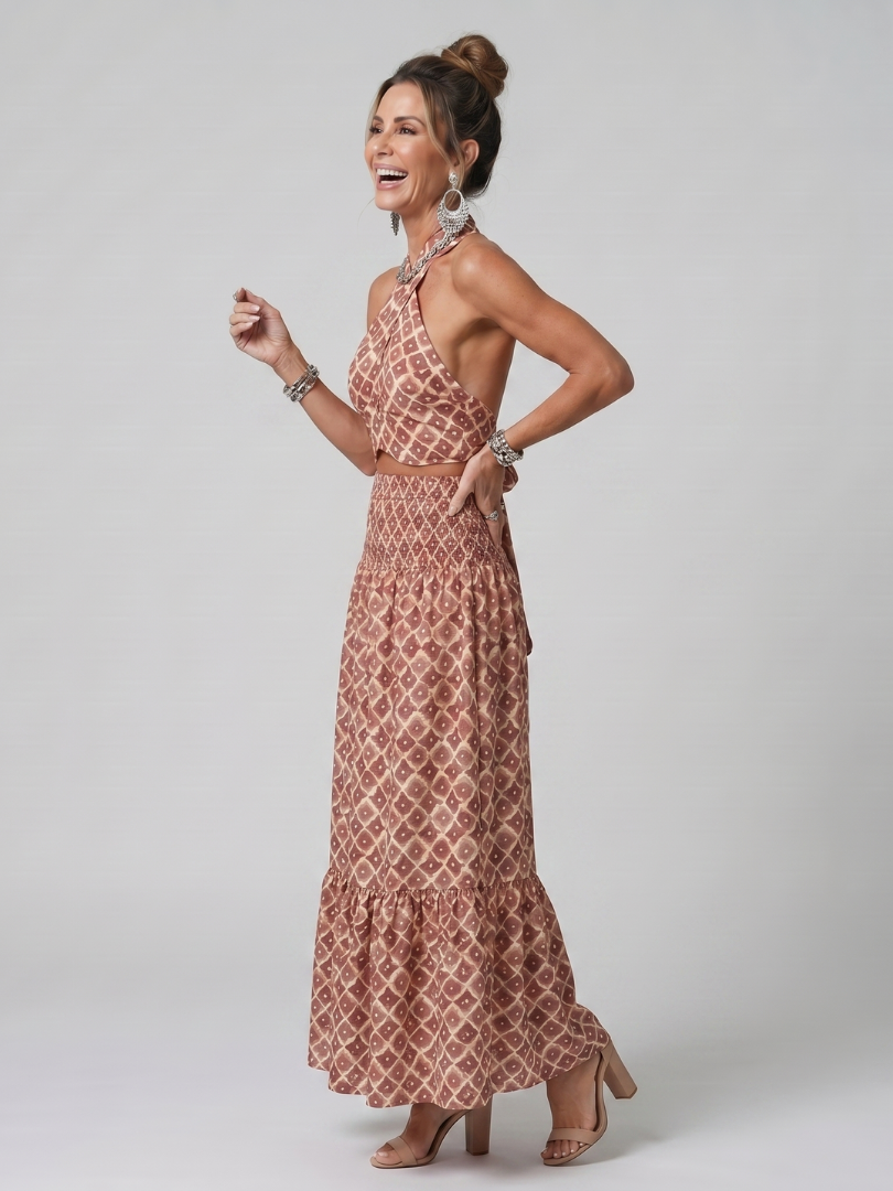 Amira | Geometrischer Print Cutout Midi-Kleid mit Kreuzträger