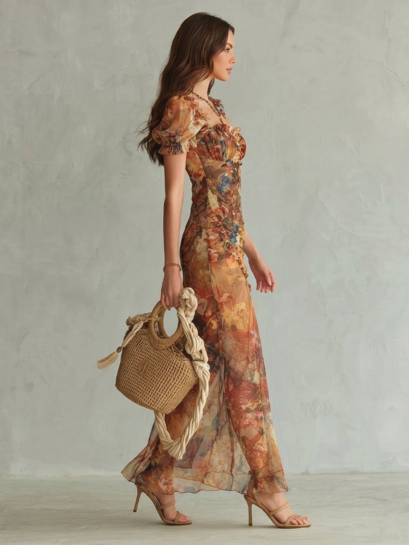 Ciel | Rüschensleeve Raffung Schlitz Midi Kleid