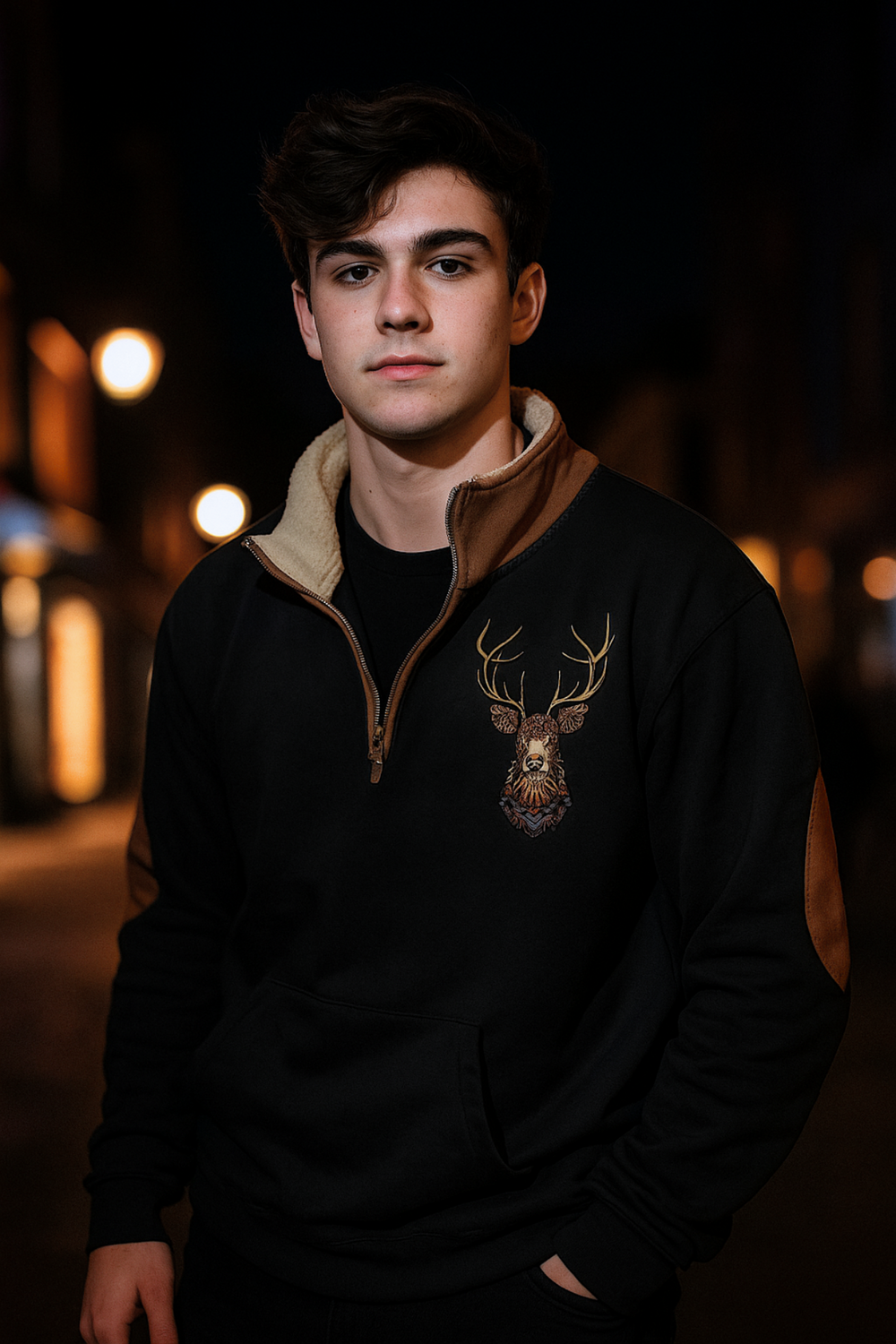 Kristoff Strickpullover mit Hirschdetail | Schwarz