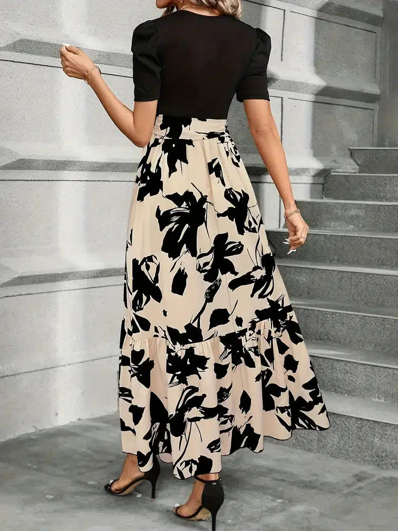 Aria | Damen Maxi-Kleid Puffärmel Blumendruck Bindegürtel
