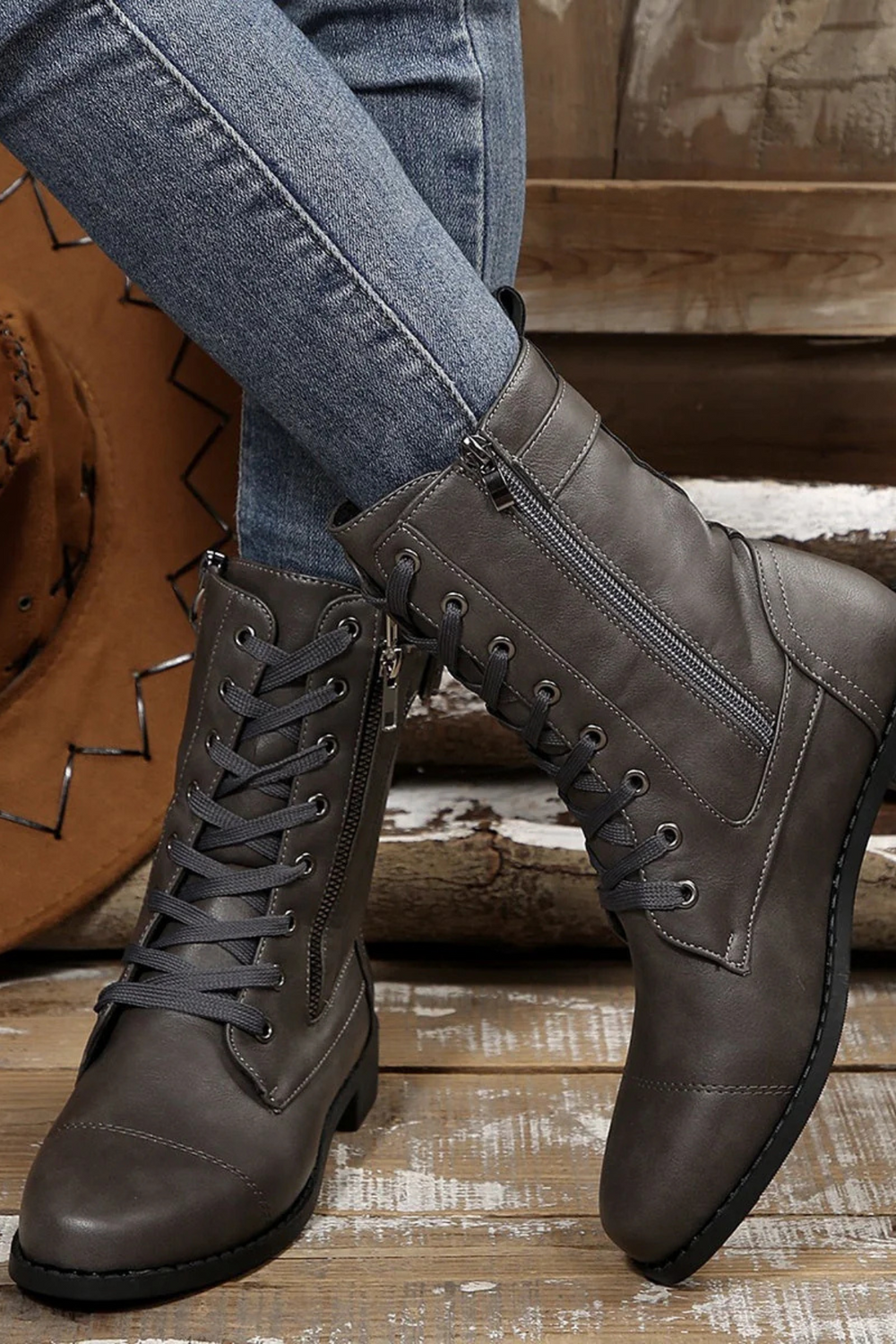 Miya Lederstiefel mit Reißverschluss | Grau