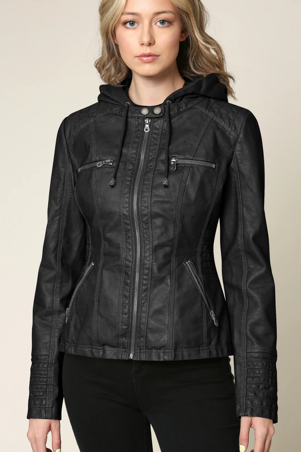 Eva Wetterfeste Damen-Lederjacke mit Kapuze | Schwarz