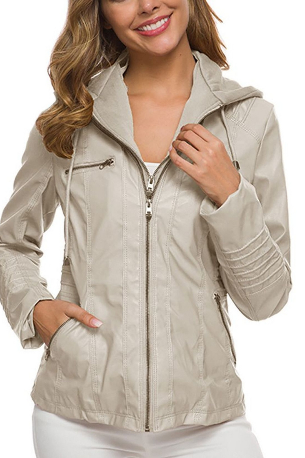 Eva Wetterfeste Damen-Lederjacke mit Kapuze | Beige